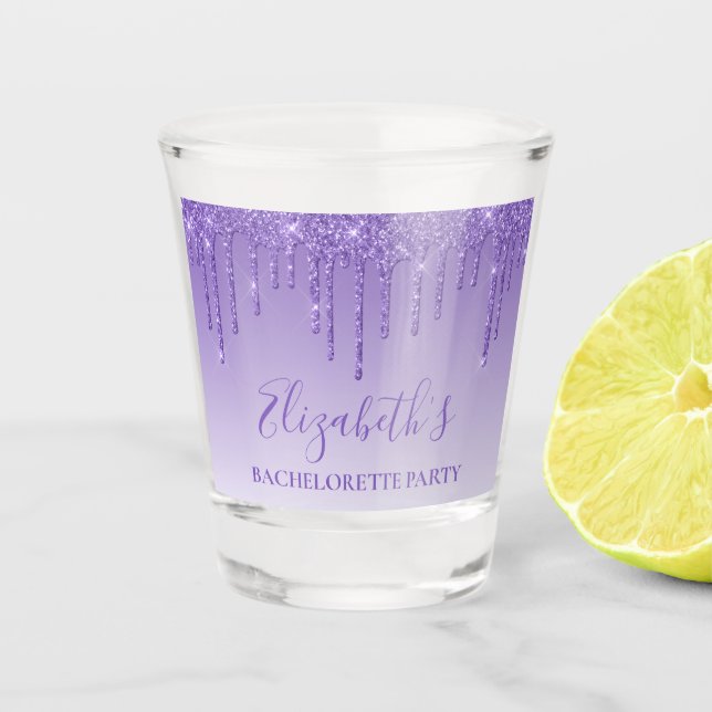 Modern Dusty Purple Glitter Bachelorette Party Shot Glass (Front)