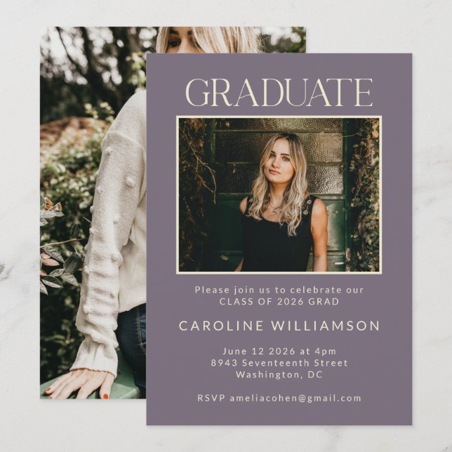 Modern Dusty Purple Two Photo Graduation Party Invitation (Front/Back)