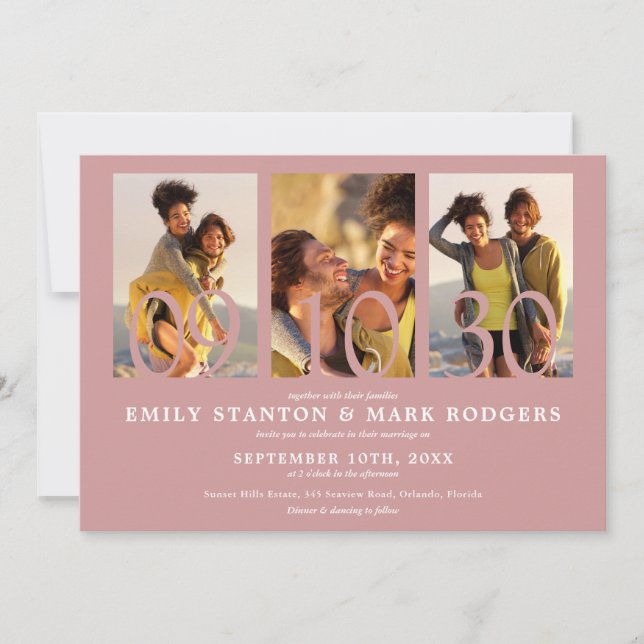 Modern Dusty Rose 3 Photo Collage Wedding Invitation (Front)
