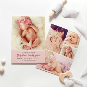 Modern Dusty Rose Baby Girl Photo Collage Birth Announcement