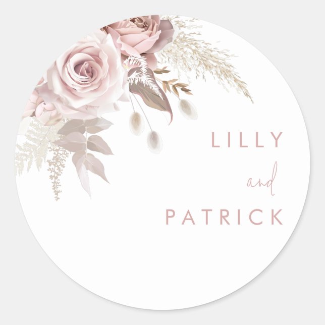 Modern Dusty Rose & Blush Rose Wedding Classic Round Sticker (Front)