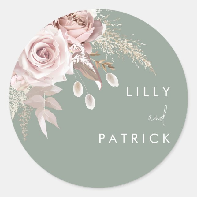 Modern Dusty Rose Blush & Sage Wedding Classic Round Sticker (Front)