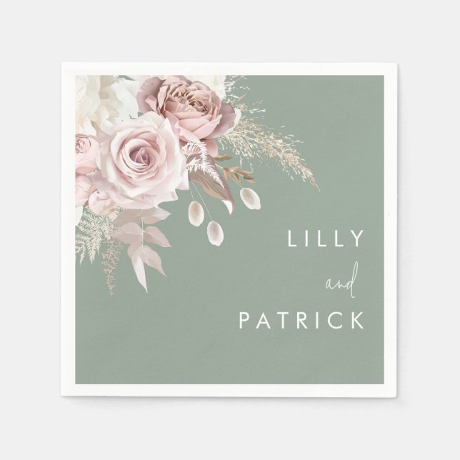 Modern Dusty Rose Blush & Sage Wedding Napkin (Front)