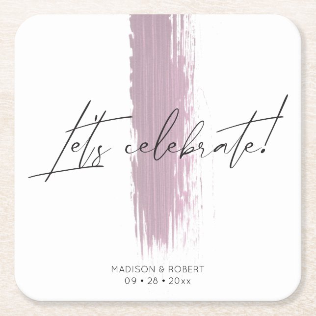 Modern Dusty Rose Brush Stroke Wedding Party   Square Paper Coaster (Front)