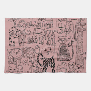 Modern Dusty Rose Cute Cats Pattern Tea Towel