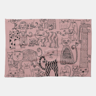 Modern Dusty Rose Cute Cats Pattern Tea Towel
