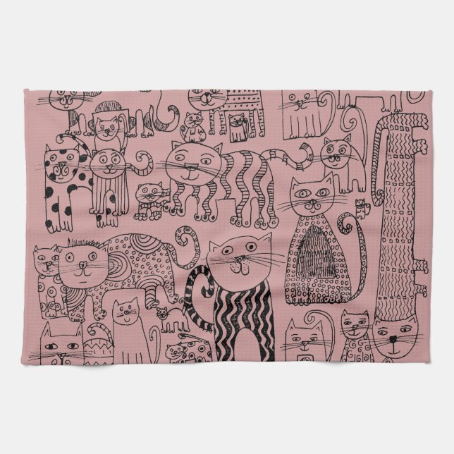 Modern Dusty Rose Cute Cats Pattern Tea Towel (Horizontal)
