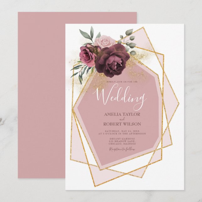 Modern Dusty Rose Floral Gold Geometric Invitation (Front/Back)