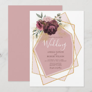 Modern Dusty Rose Floral Gold Geometric Invitation