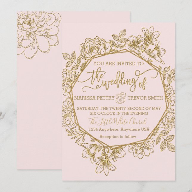Modern Dusty Rose & Gold blush Pink floral Wedding Invitation (Front/Back)