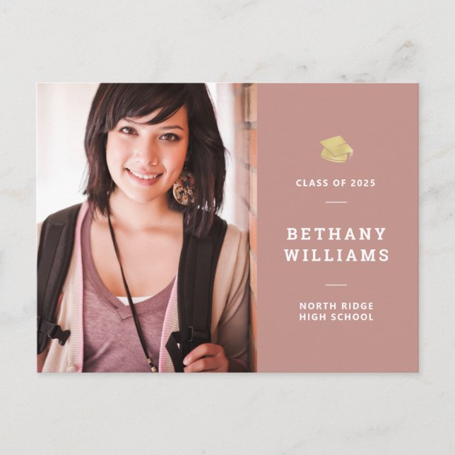 Modern Dusty Rose & Gold Photo Graduation Postcard (Front)