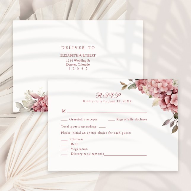 Modern Dusty Rose Hydrangea Wedding RSVP Card (Modern Dusty Rose Hydrangea Wedding RSVP Card on a sunny neutral dry palm leaf.)