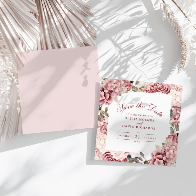 Modern Dusty Rose Hydrangea Wedding Save The Date (Modern Dusty Rose Hydrangea Wedding Save The Date on a sunny boho white table.)