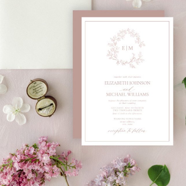 Modern Dusty Rose Leafy Crest Monogram Wedding Invitation (Creator Uploaded)