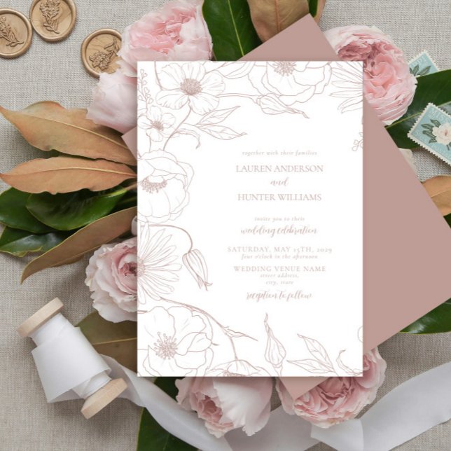 Modern Dusty Rose Line Art Floral Wedding Invitation (Creator Uploaded)