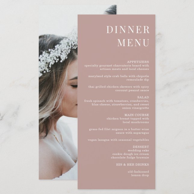 Modern Dusty Rose Minimalist Photo Dinner Menu (Front/Back)