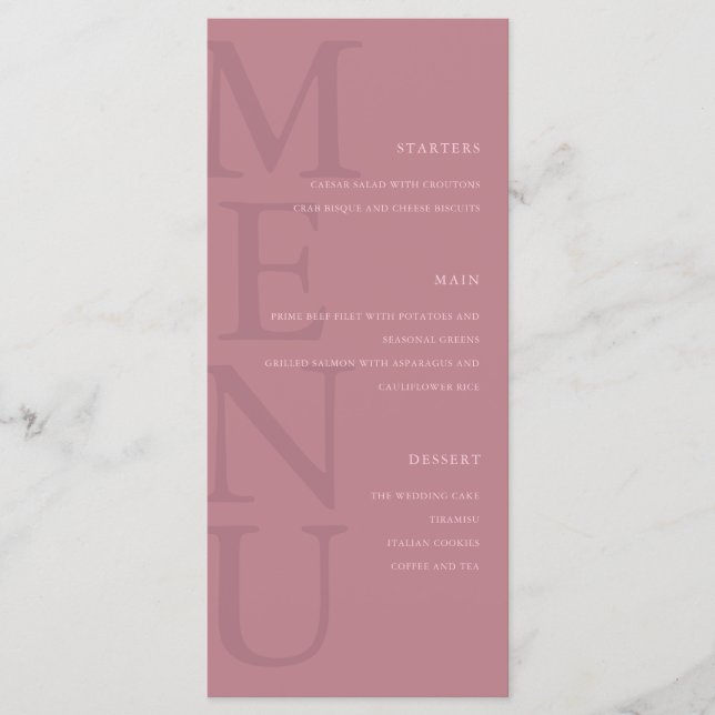 Modern Dusty Rose Minimalist Wedding Menu (Front)