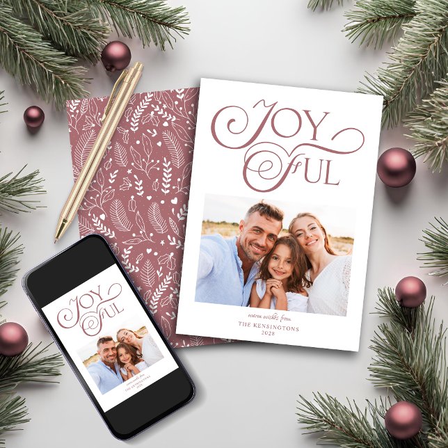 Modern Dusty Rose Pattern Joyful Christmas Photo Holiday Card (Modern Dusty Rose Pattern Joyful Christmas Photo Holiday Card)