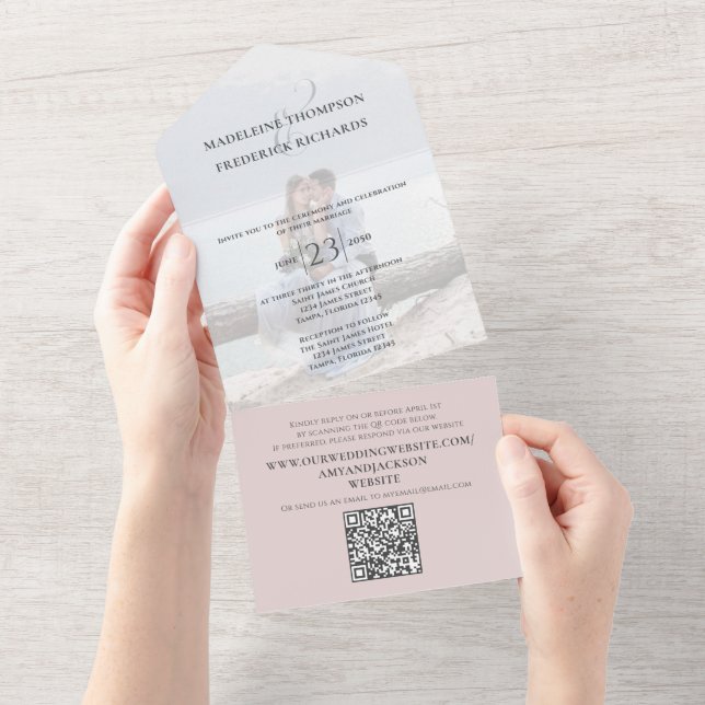 Modern Dusty Rose Photo Minimalist QR Code RSVP All In One Invitation (Tearaway)