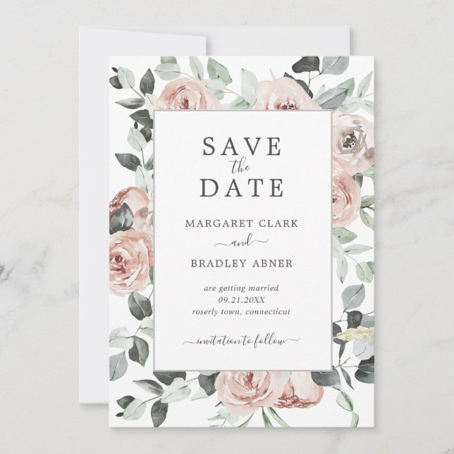 Modern Dusty Rose Pink Floral Elegant Wedding Save The Date (Front)