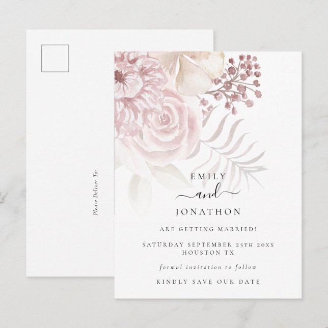 Modern Dusty Rose Pink Florals Save the Date Announcement Postcard (Front/Back)