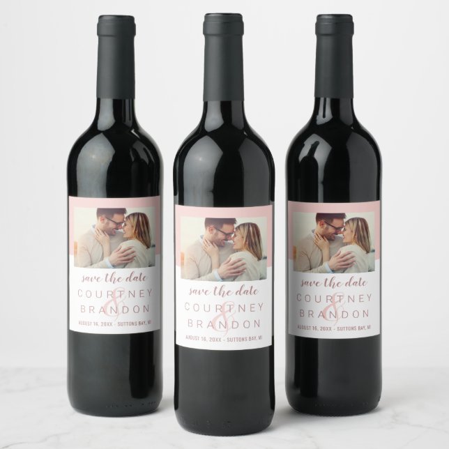 Modern Dusty Rose Pink Wedding Photo Save the Date Wine Label (Bottles)