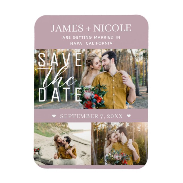 Modern Dusty Rose Save the Date Wedding 3 Photos Magnet (Vertical)