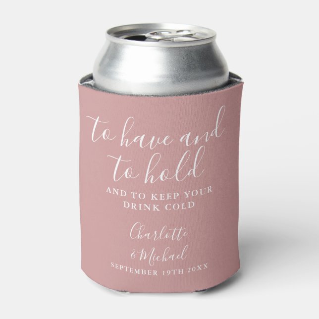 Modern Dusty Rose Signature Script Wedding Can Cooler (Can Front)