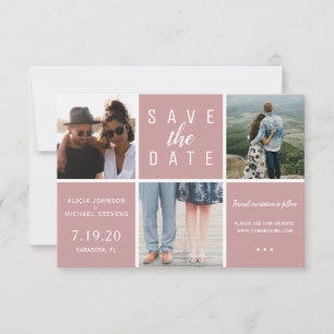 Modern dusty rose simple 3 photo collage wedding save the date