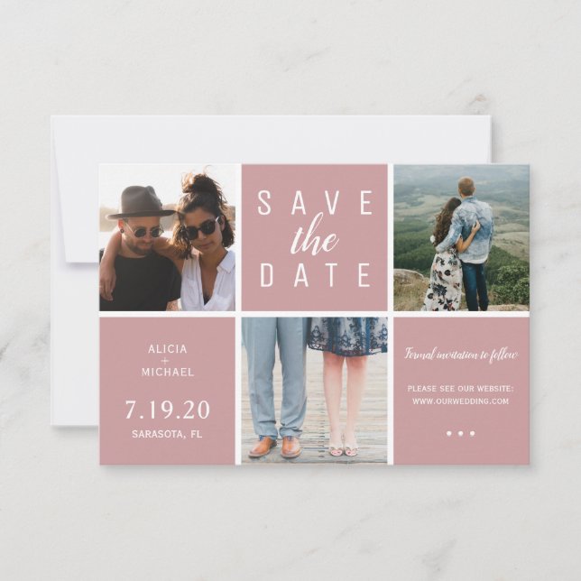 Modern dusty rose simple 3 photo collage wedding save the date (Front)