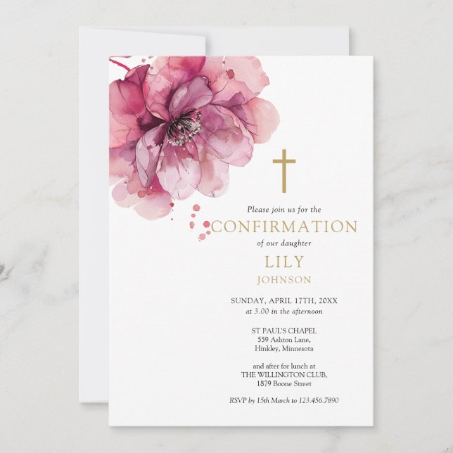 Modern Dusty Rose Watercolor Floral Confirmation Invitation (Front)