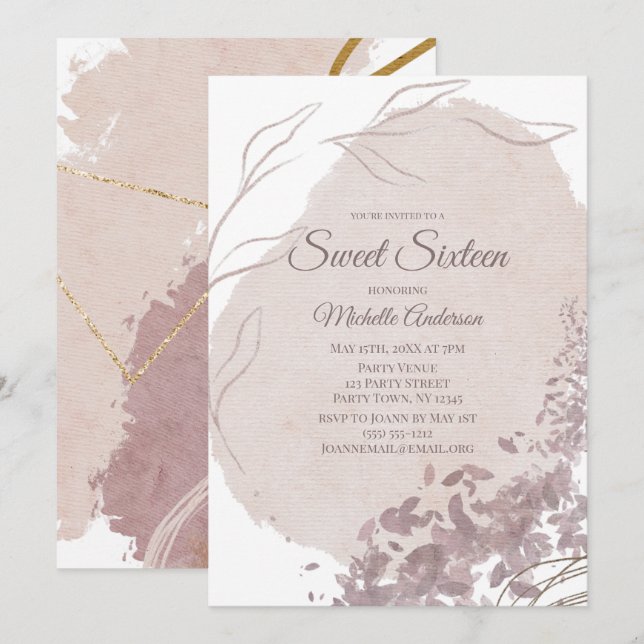 Modern Dusty Rose Watercolor Sweet Sixteen 16 Invitation (Front/Back)