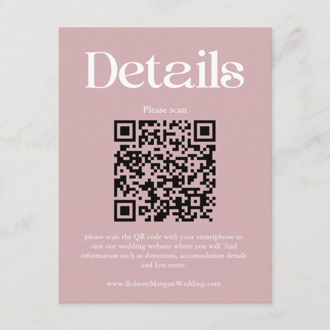 Modern Dusty Rose Wedding Details QR Code Enclosure Card (Front)