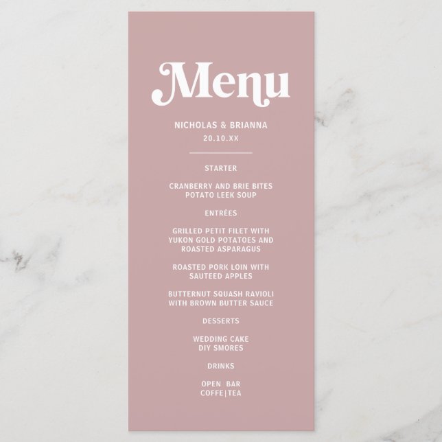 Modern Dusty Rose Wedding Menu (Front)