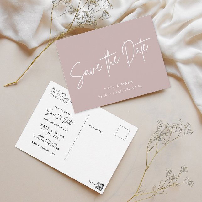 Modern Dusty Rose Wedding Save the Date Postcard (Creator Uploaded)