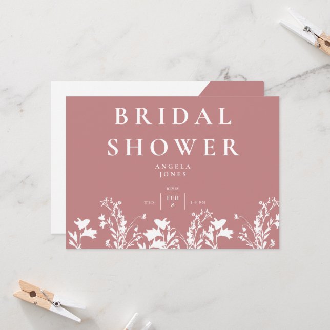 Modern Dusty Rose White Wildflower Bridal Shower I Invitation (Front/Back In Situ)