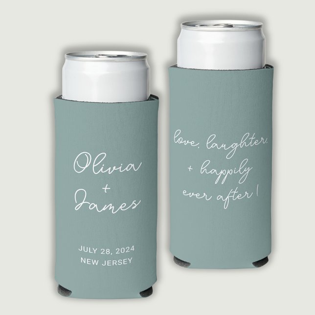 Modern dusty sage green wedding quote seltzer can cooler (Dusty sage green wedding can coolers. Customize with names/date/location to front. Quote on reverse.)