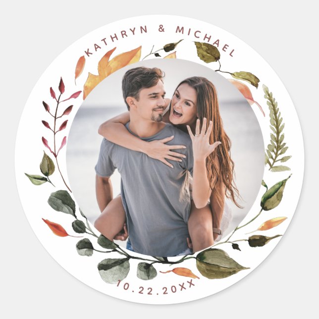 Modern Earth Colours Wreath Floral Photo  Classic Round Sticker (Front)