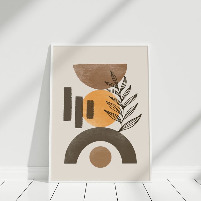 Modern Earth Tone Colour Abstract Botanical Poster (Modern Earth Tone Color Abstract Botanical Poster in white frame against white wall.)