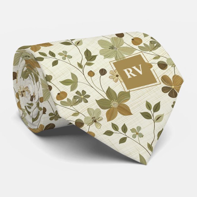 Modern Earth Tone Floral Monogram Tie (Rolled)