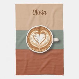 Modern Earth Tone Heart Latte Barista Tea Towel