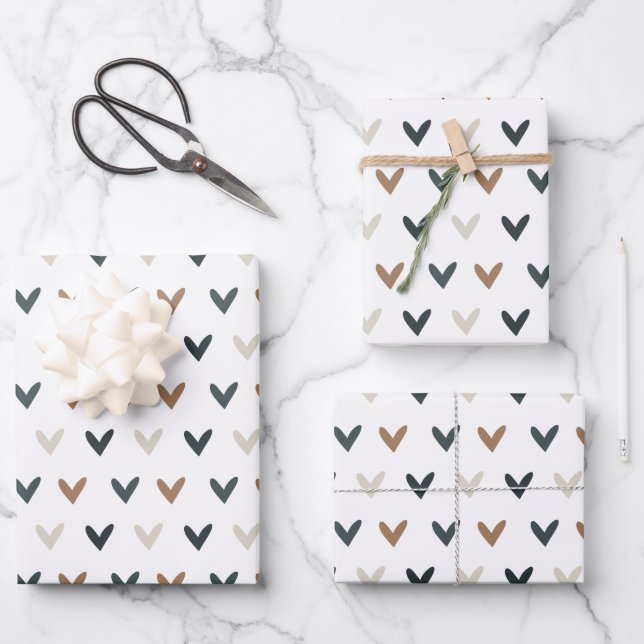 Modern Earth Tone Heart Pattern Wrapping Paper Sheet (Front)
