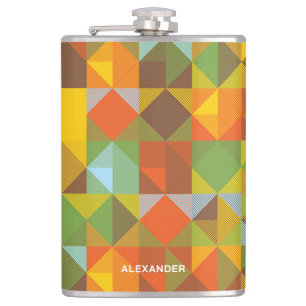 Modern Earthtone Geometric Pattern With Name Hip Flask
