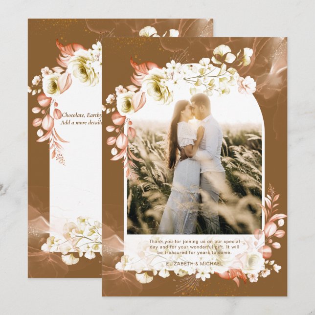 Modern Earthy Brown Coral Floral PHOTO THANK YOU (Front/Back)