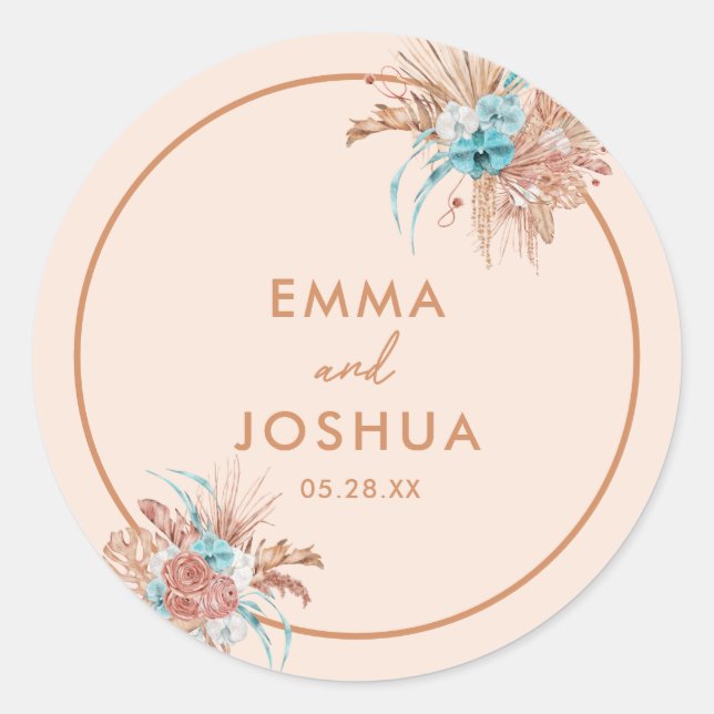 Modern Earthy Brown Floral Wedding Classic Round Sticker (Front)