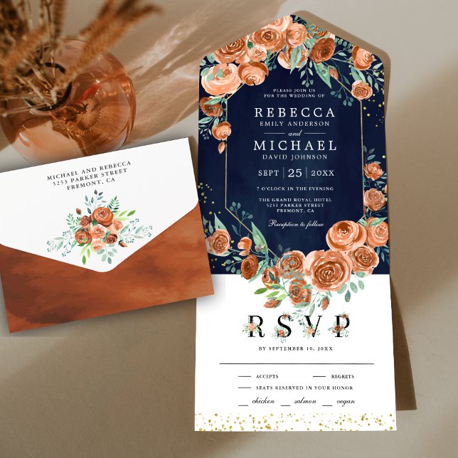 Modern Earthy Burnt Orange Floral Navy Wedding All In One Invitation (Creator Uploaded)