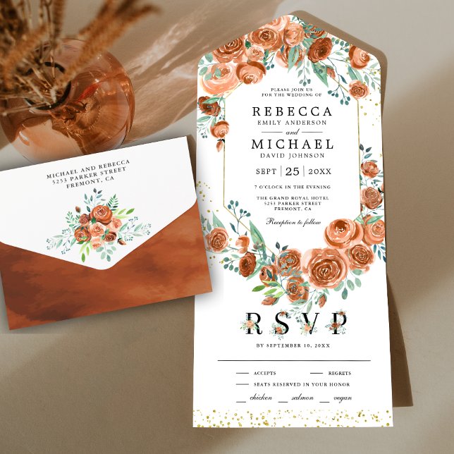 Modern Earthy Burnt Orange Floral Wedding All In One Invitation (Creator Uploaded)