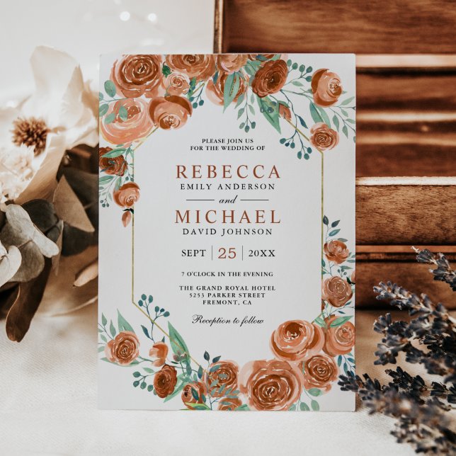 Modern Earthy Burnt Orange Roses Floral Wedding Invitation (Creator Uploaded)