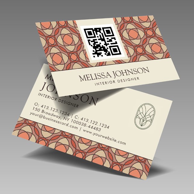 Modern Earthy Mosaic Interior Designer QR Code Business Card (Creator Uploaded)