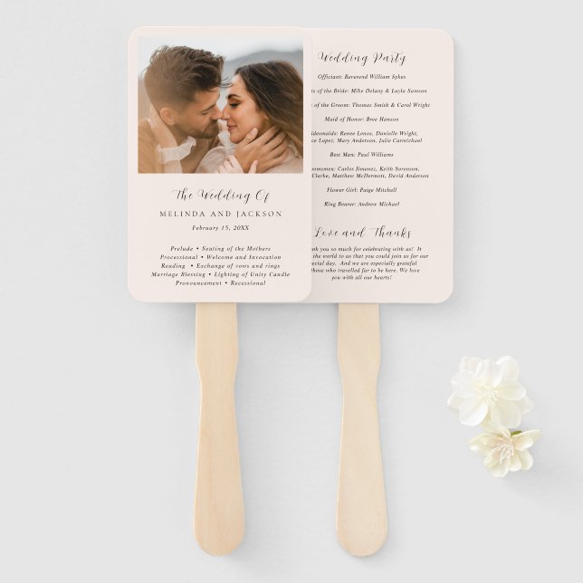 Modern Earthy Neutral Photo Wedding Program Hand Fan (Front and Back)